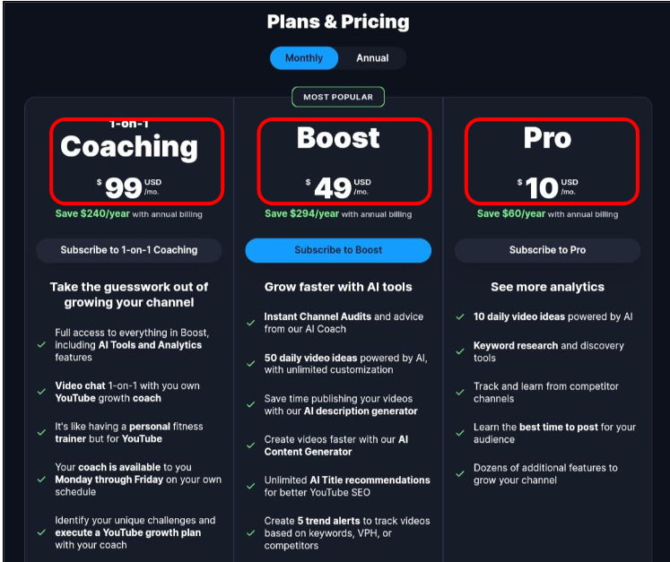 Pricing and Plans: VidIQ vs TubeBuddy